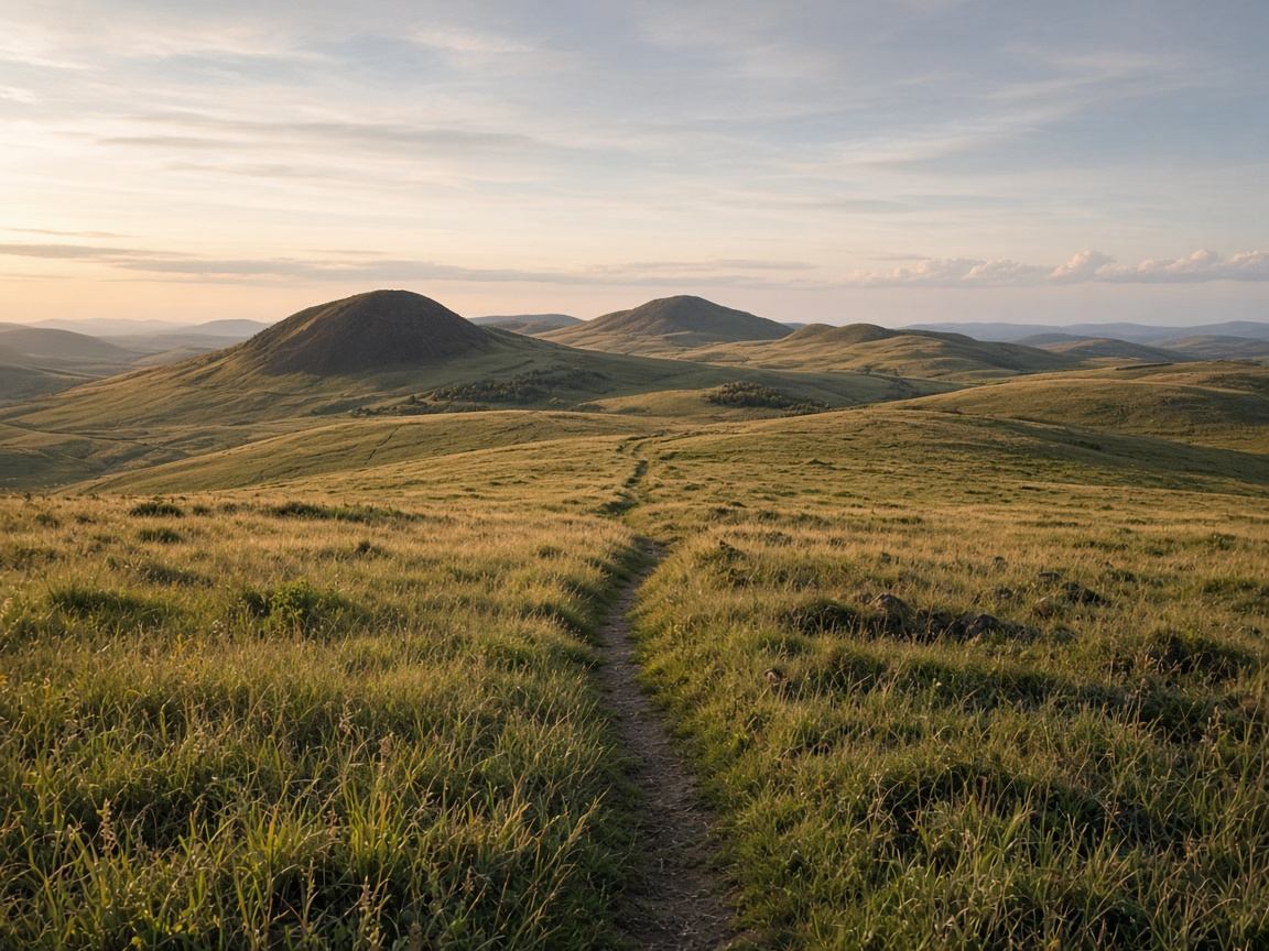 Wanderweg über offene Hochlagen der Rhön mit weitem Horizont